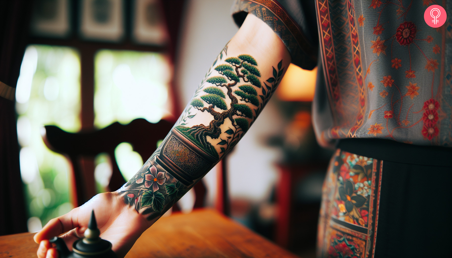 A woman with a colored bonsai tree tattoo on her forearm