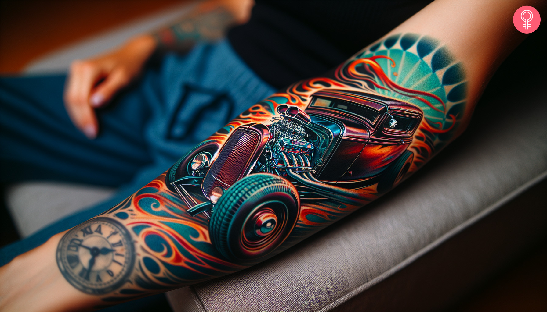 A woman with a hot rod tattoo on her forearm