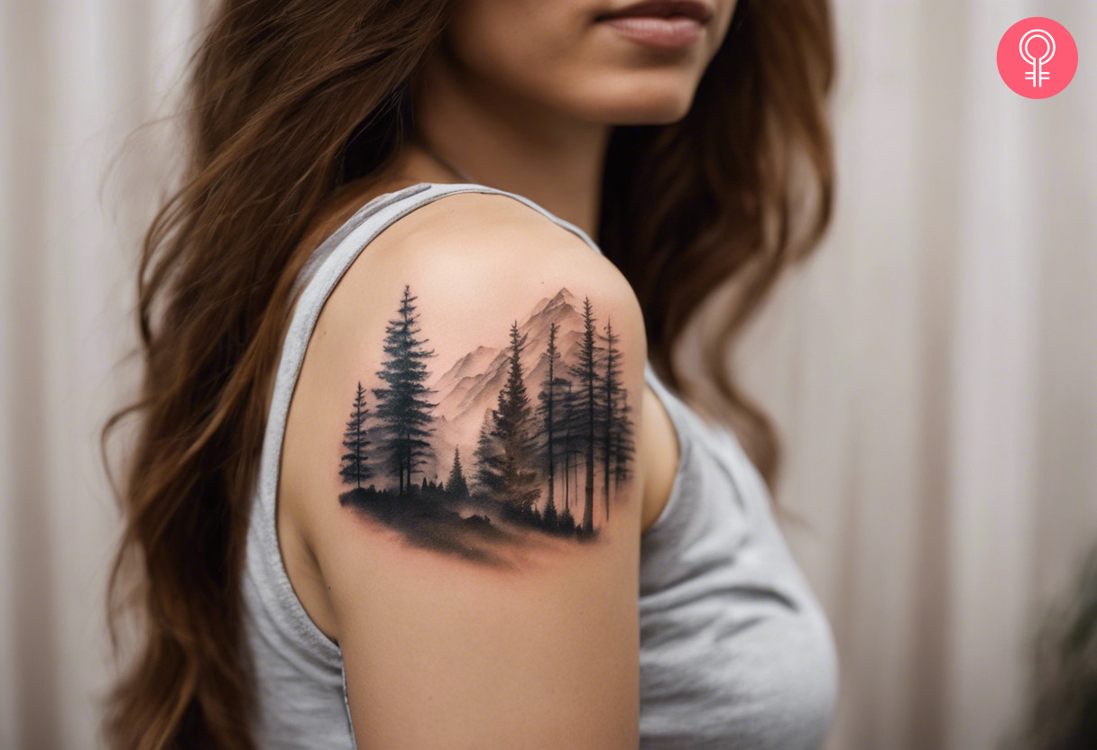 A woman with a simple forest scenery tattoo on her upper arm