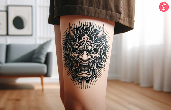 A Fudo Myoo flash tattoo on a man’s thigh