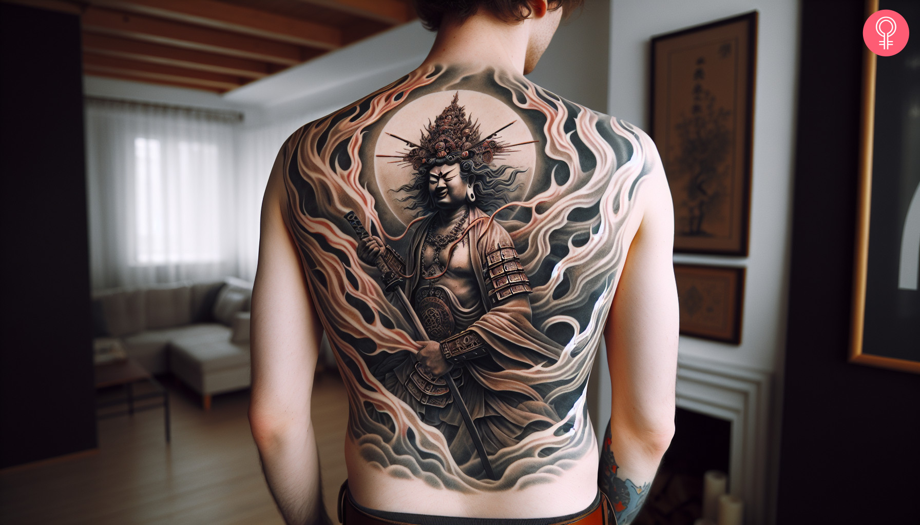 A large Fudo Myoo Japanese tattoo on a man’s back