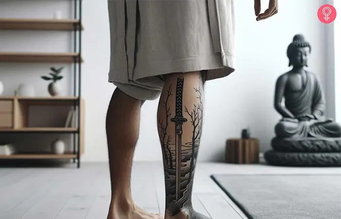 A Fudo Myoo sword tattoo on a man’s calf