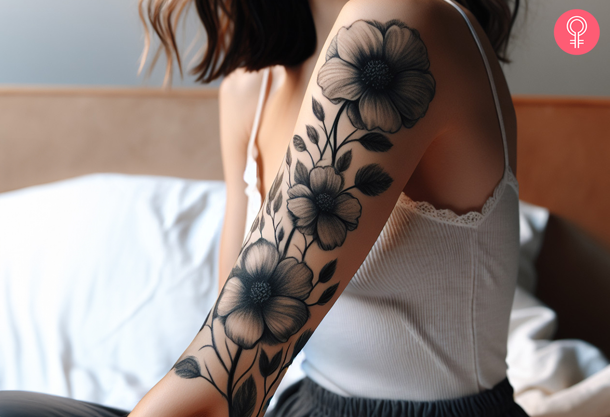 A woman with a black flower sleeve tattoo