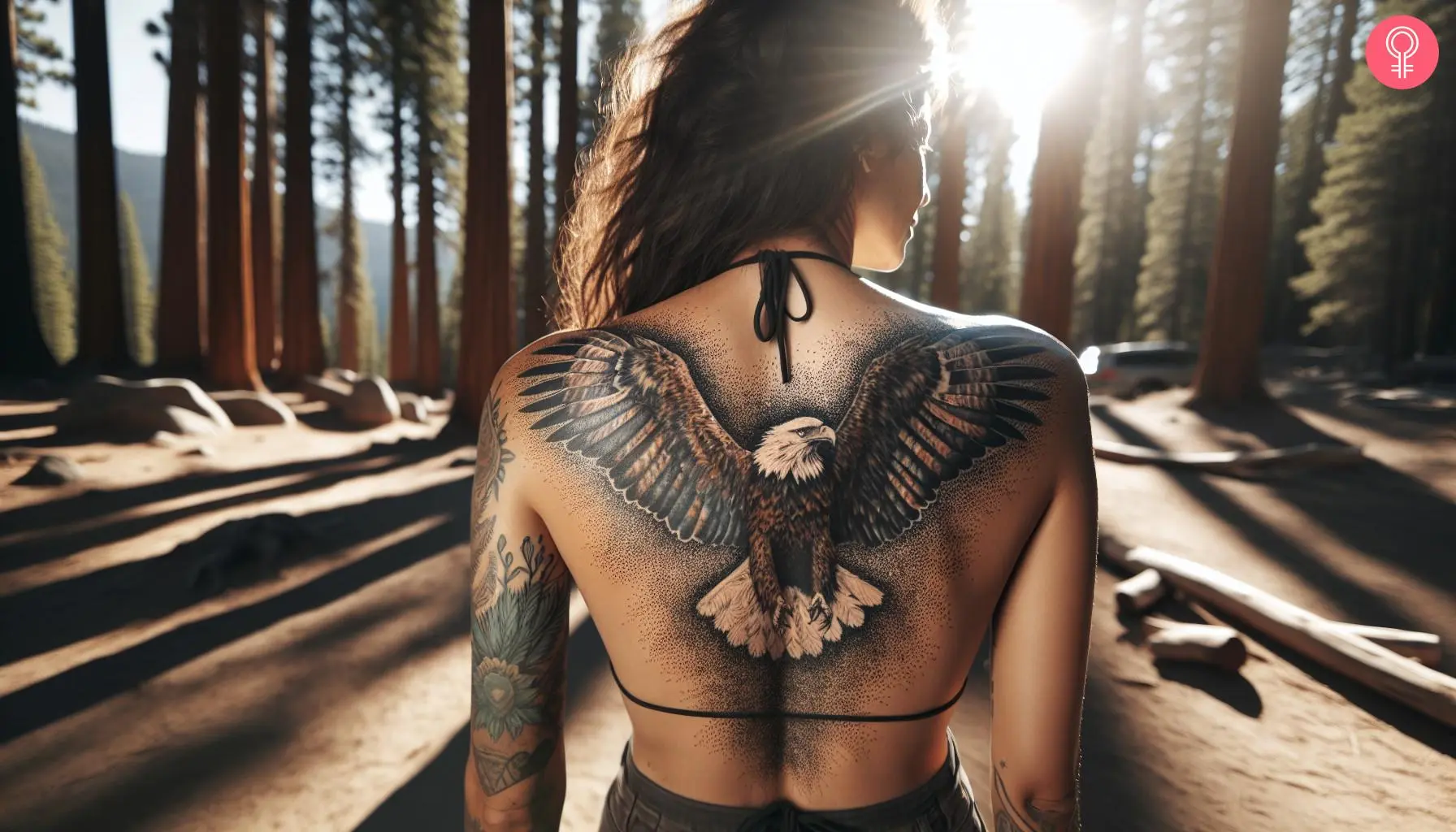 A woman with an upper back tattoo of a soaring eagle with detailed feathers