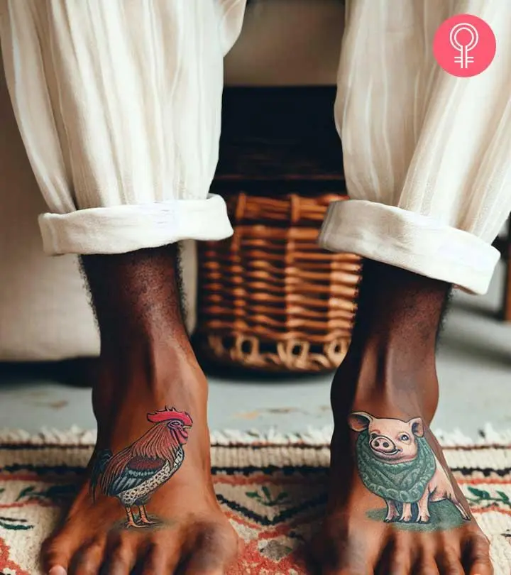 Pig and rooster tattoos on a man’s feet