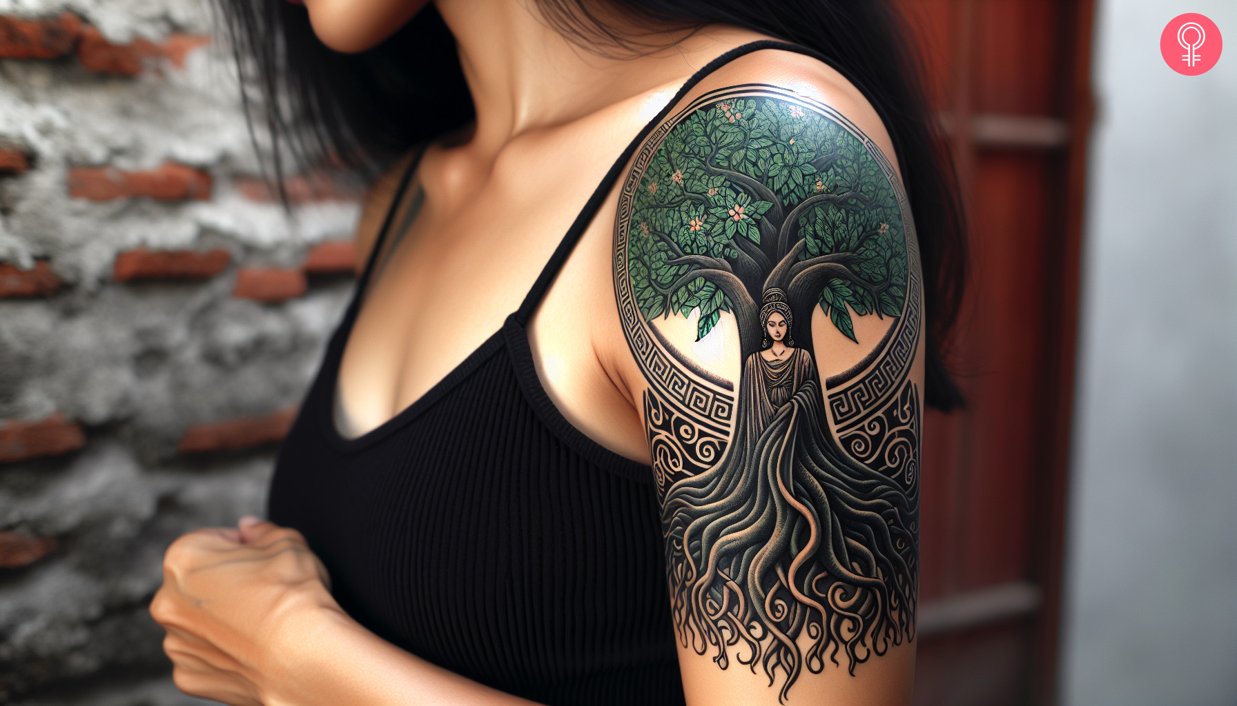 A woman with a Gaia and big dark tree tattoo on her upper arm