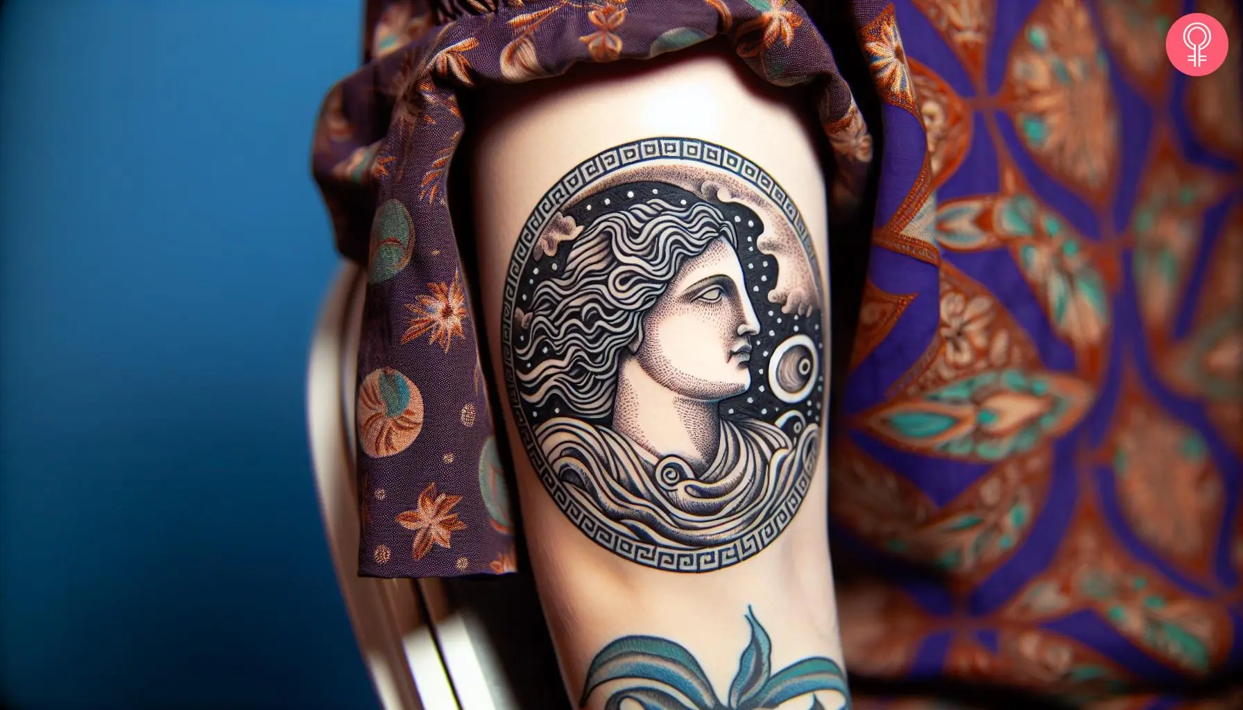 A woman with a Gaia Greek mythology tattoo on her upper arm