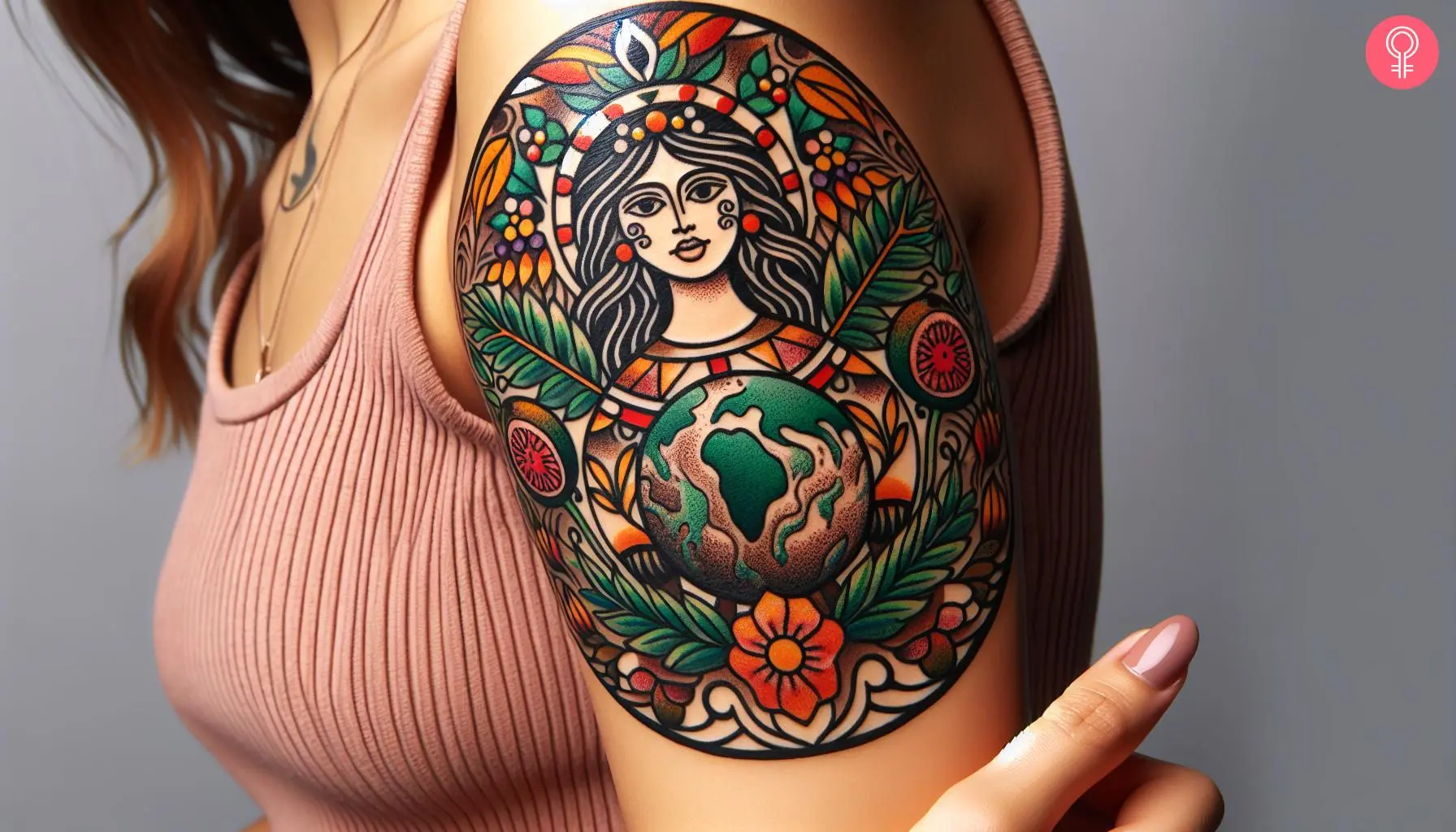 A woman with a colorful Gaia mother earth tattoo on her upper arm