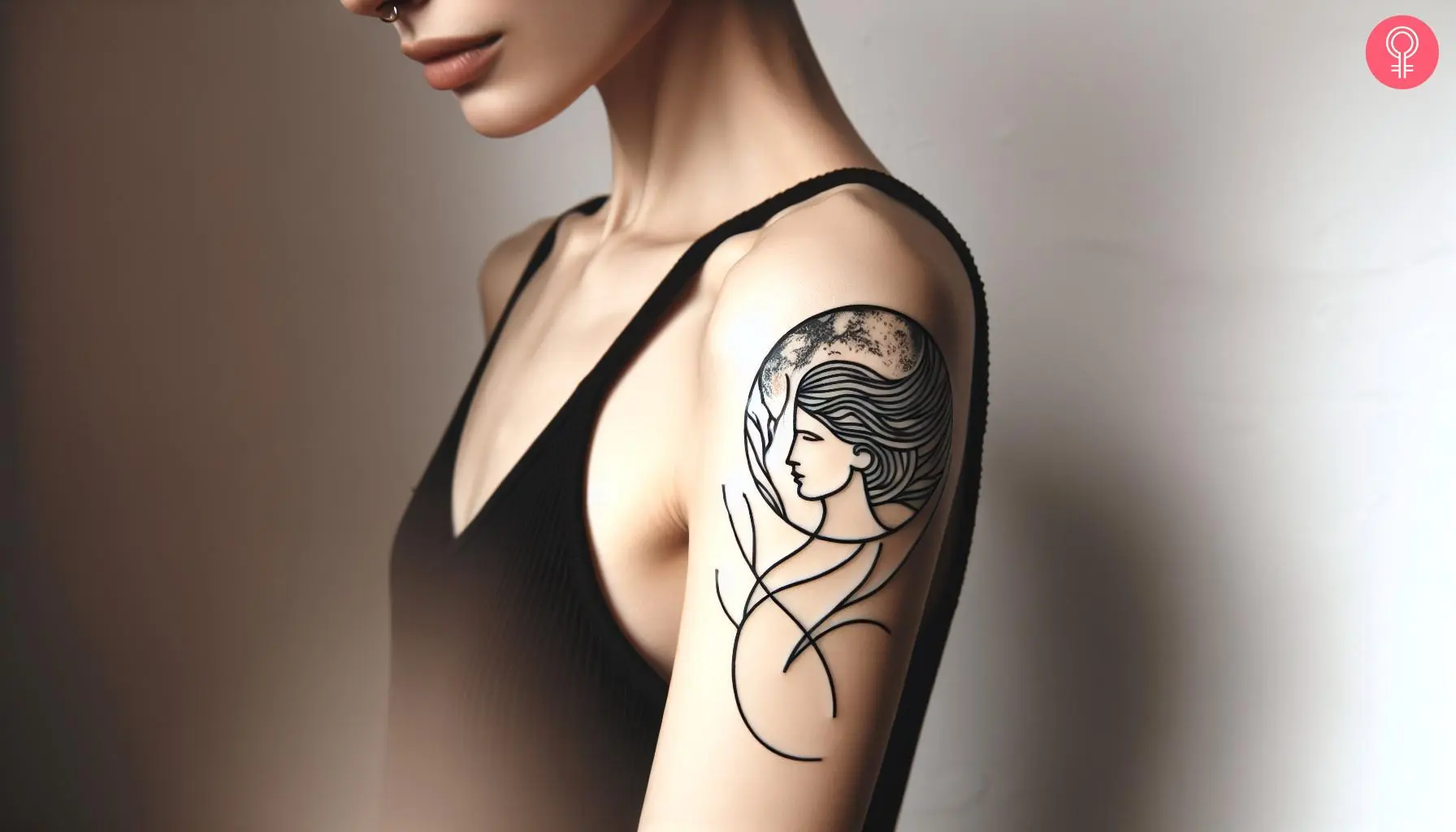 A woman with a minimalist Gaia tattoo on her upper arm