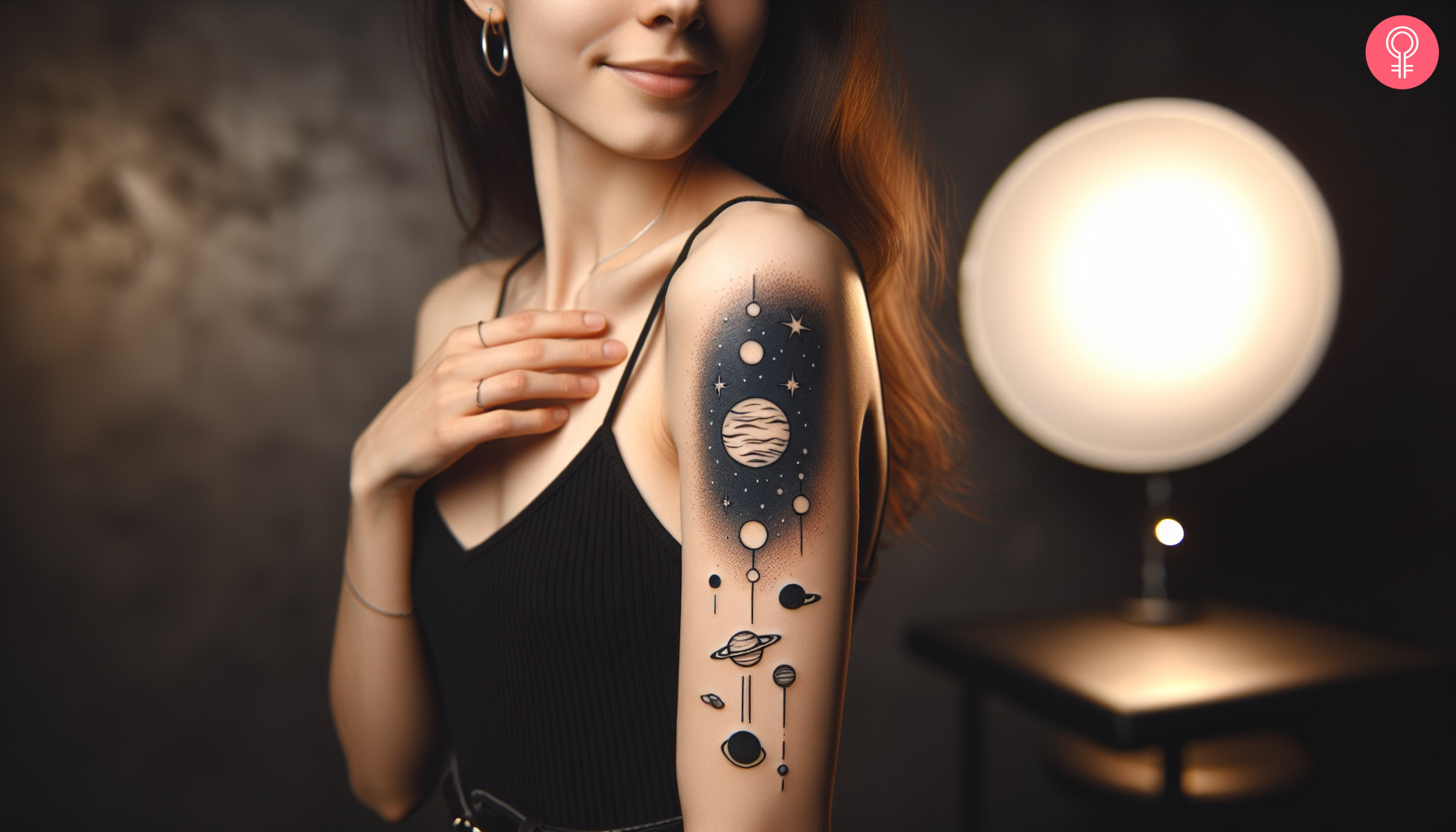 A woman with a vibrant galaxy universe half-sleeve tattoo on the arm