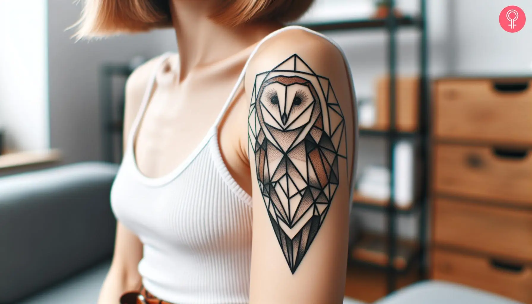 A woman with a colored geometric barn owl tattoo on her upper arm