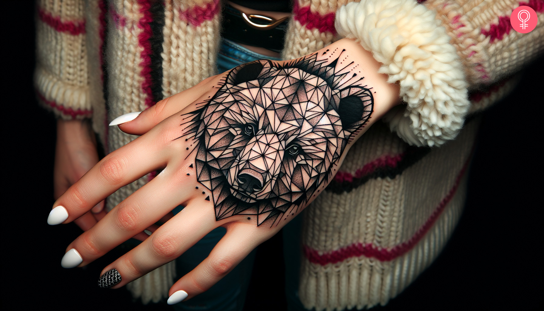 Woman with geometric bear cub tattoo on her hand