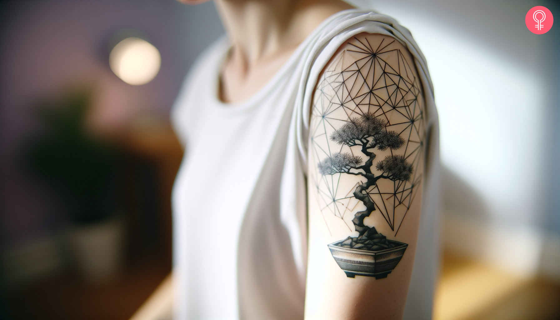 A woman with a geometric bonsai tree tattoo on her upper arm