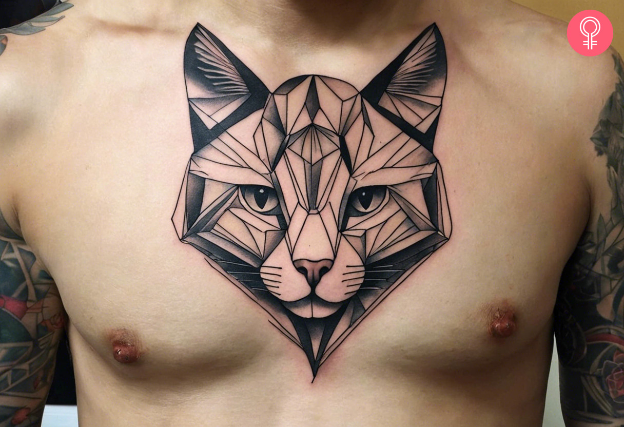 A geometric fine line cat chest tattoo