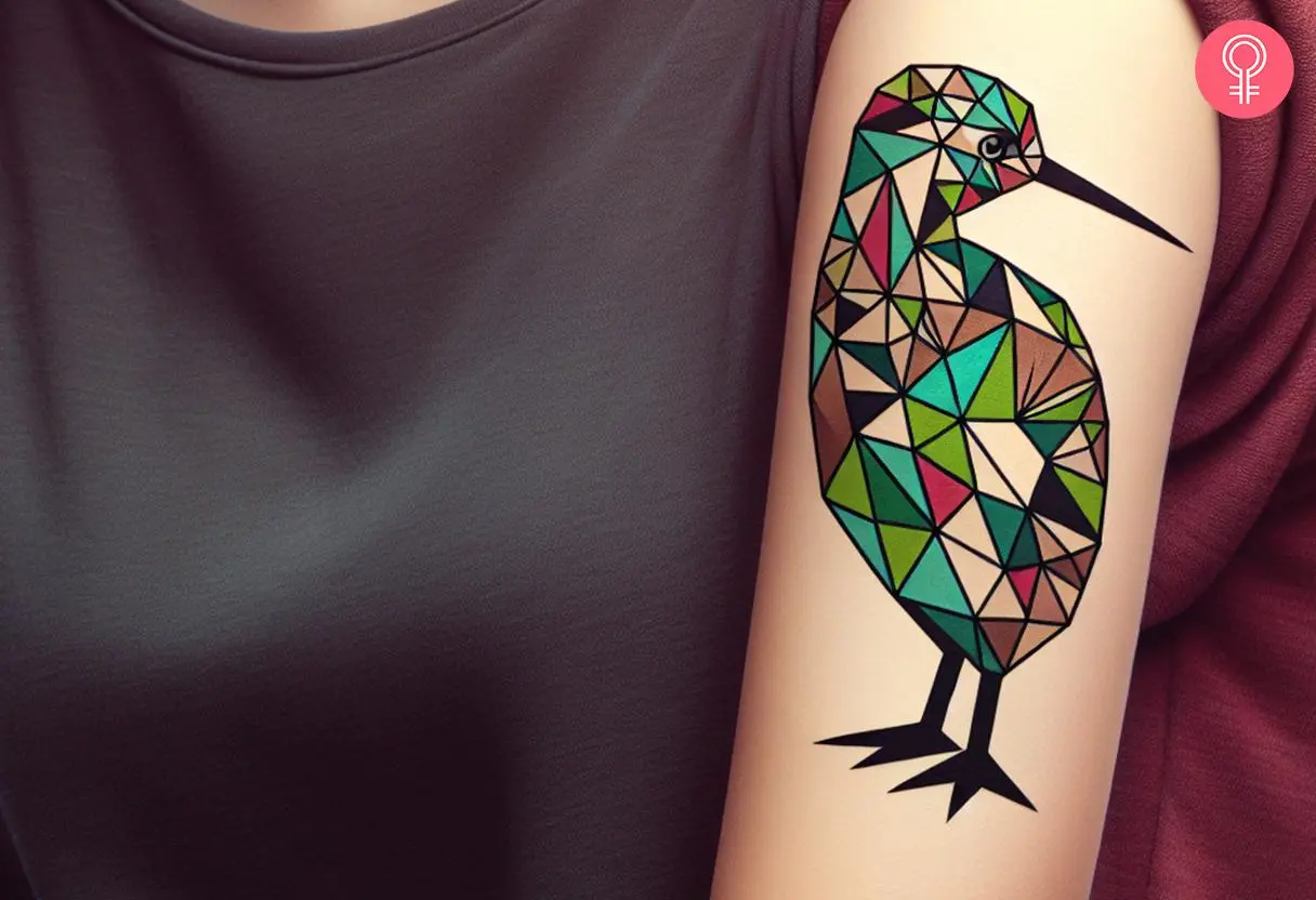 Woman with geometric kiwi bird tattoo on her arm