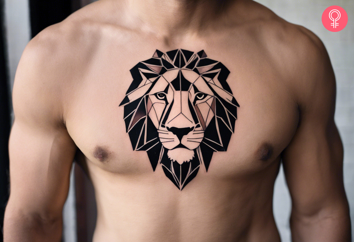 A geometric lion chest tattoo