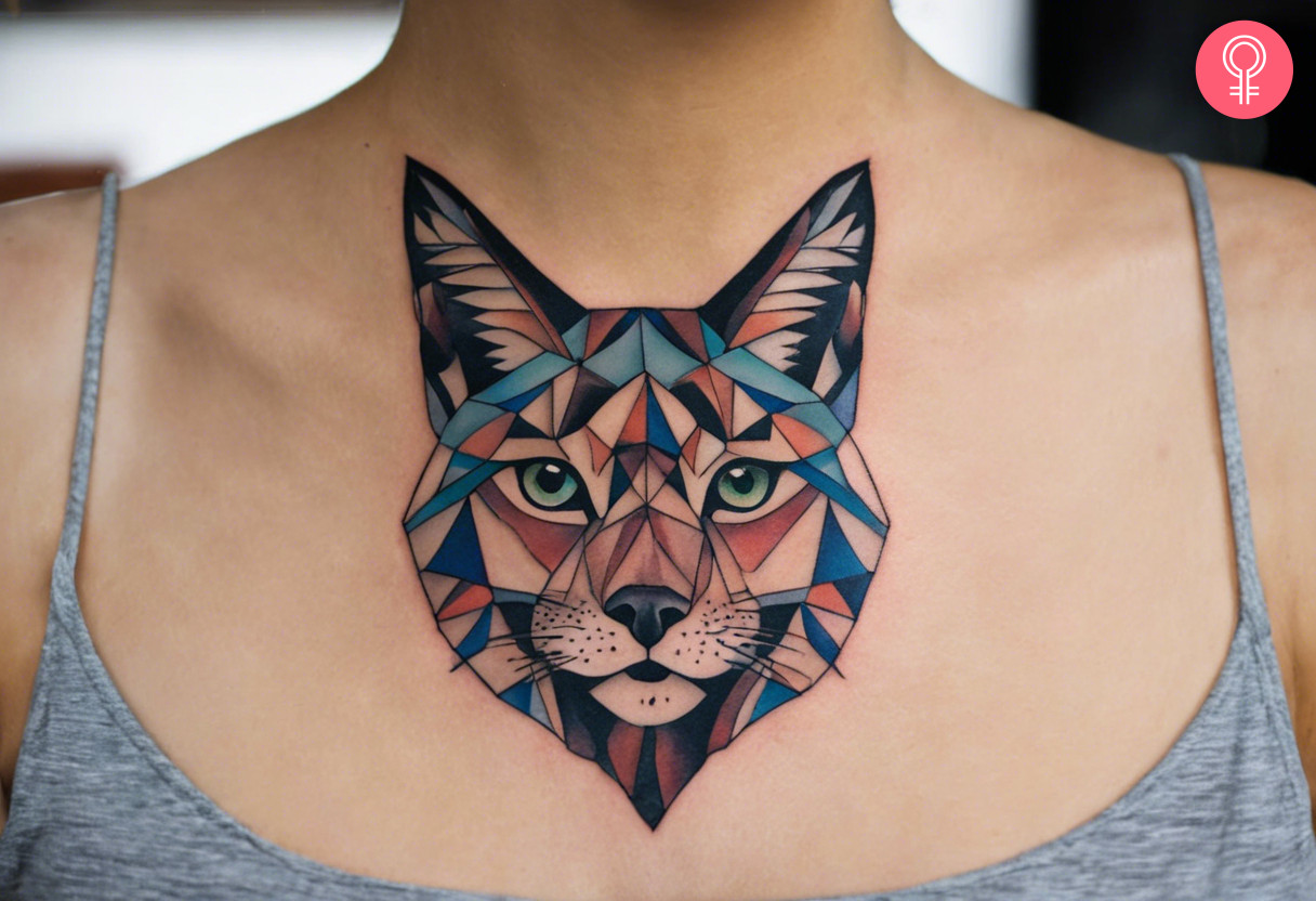 A geometric lynx tattoo in shades of blue, orange, brown, and black