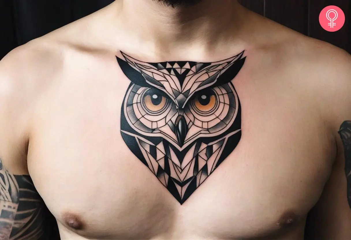 A geometric owl chest tattoo