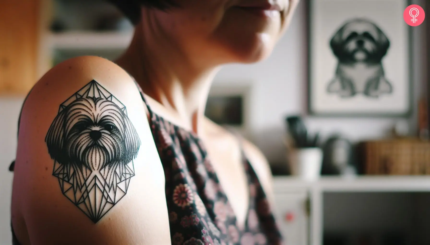 A woman with a black geometric Shih Tzu tattoo on her upper arm