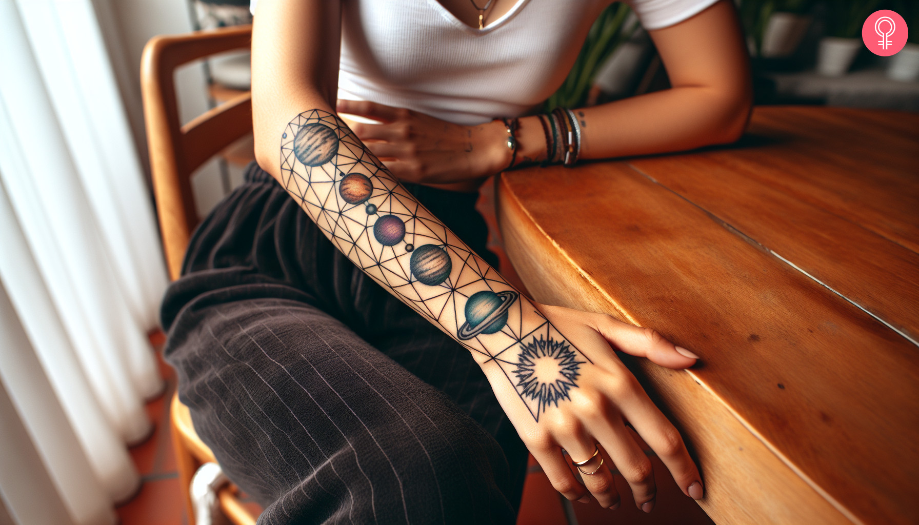 A woman with a lower arm universe tattoo with planets and a sun