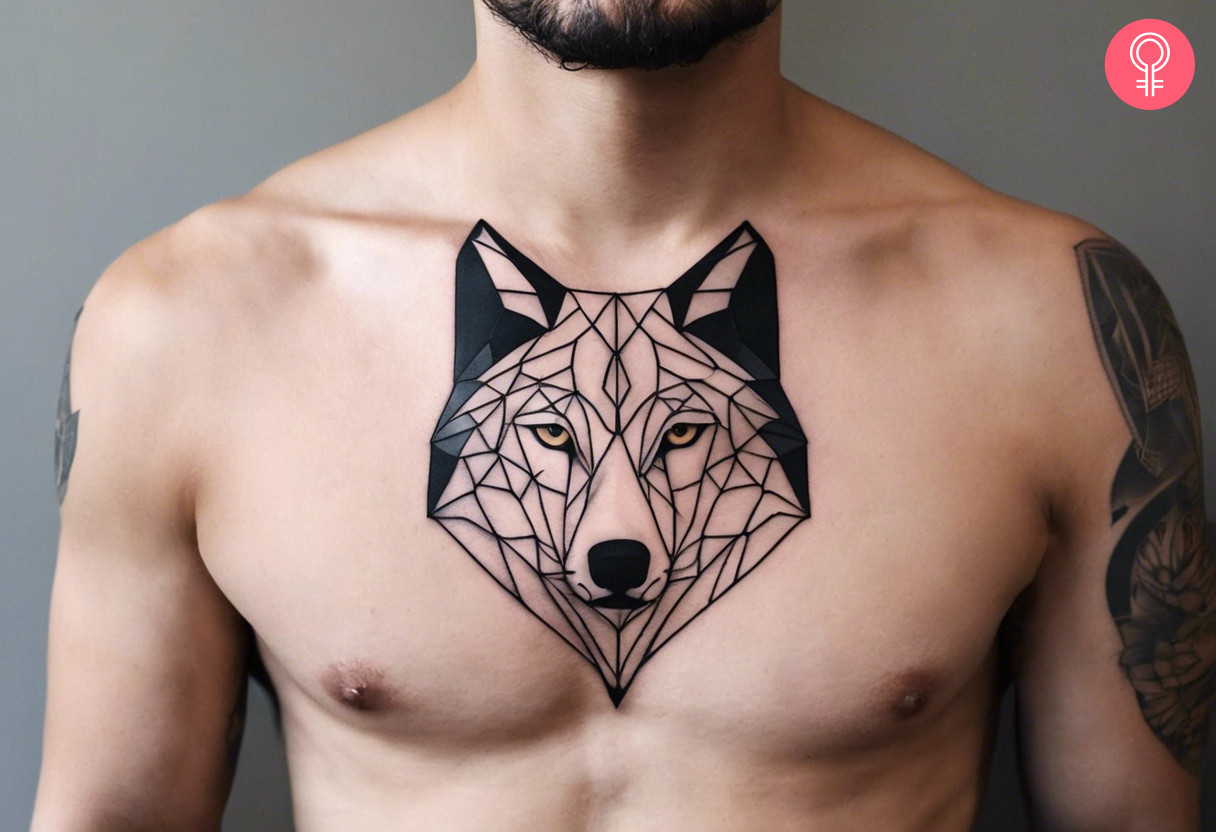 A geometric wolf chest tattoo