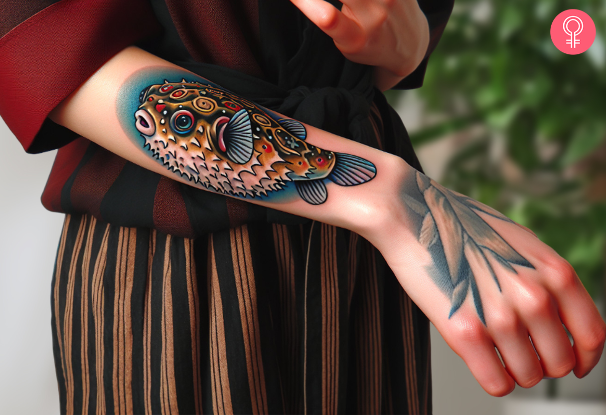 Girl with a colorful puffer fish tattoo on the arm