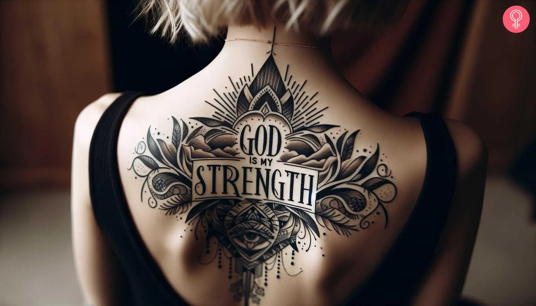 Woman with God Is My Strength tattoo on her upper back