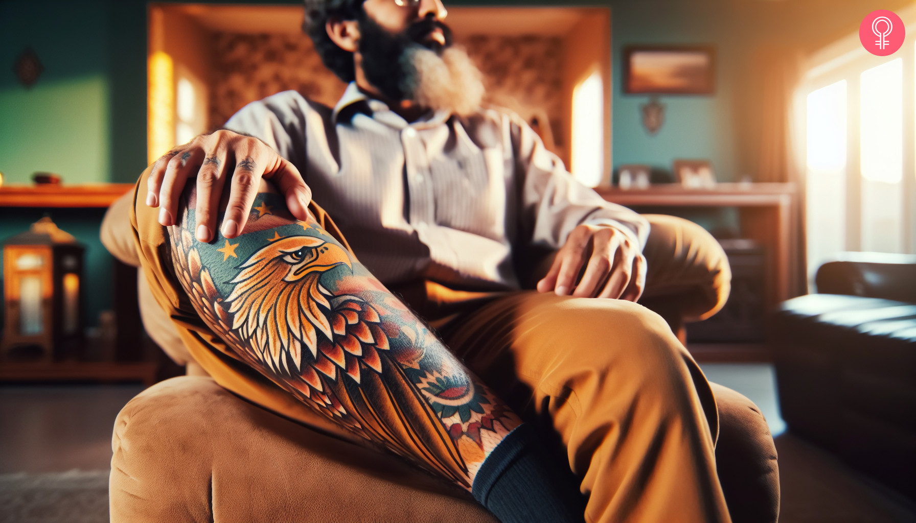 A man with a golden eagle tattoo on the calf 