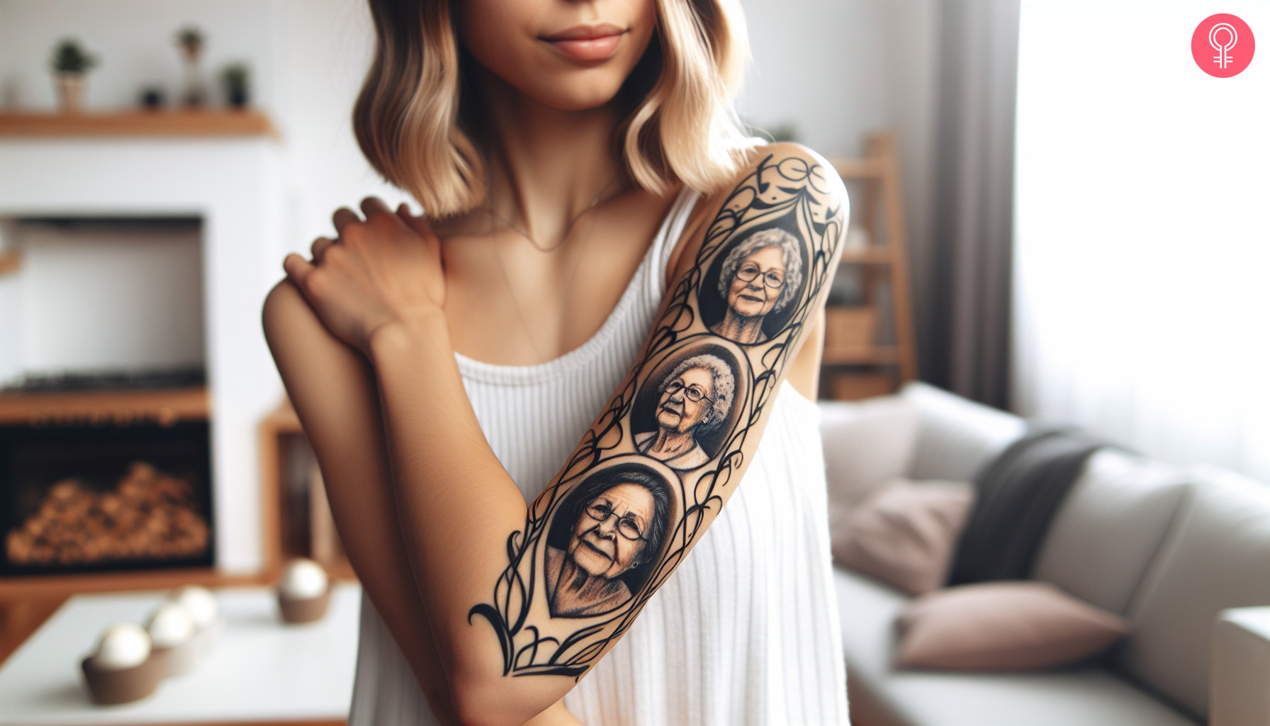 A woman with a realistic Golden Girls portrait tattoo