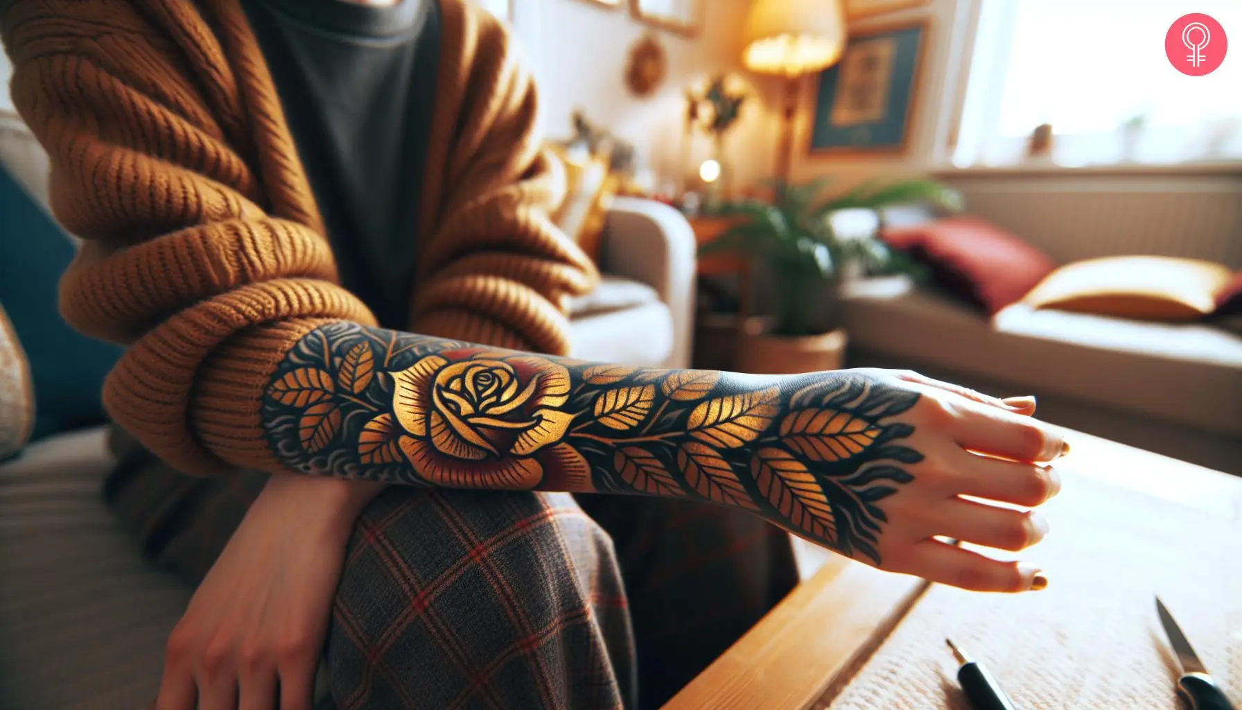 A woman with a golden rose sleeve tattoo