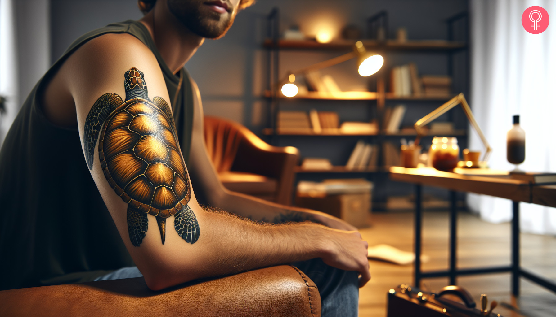 A man with realistic golden shellback tattoo on his arm