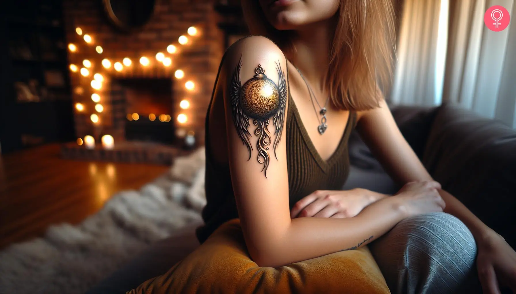 A woman with a golden snitch tattoo with detailed wings