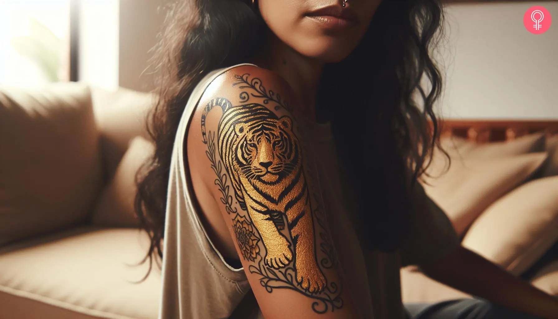 A woman with a golden tiger sleeve tattoo