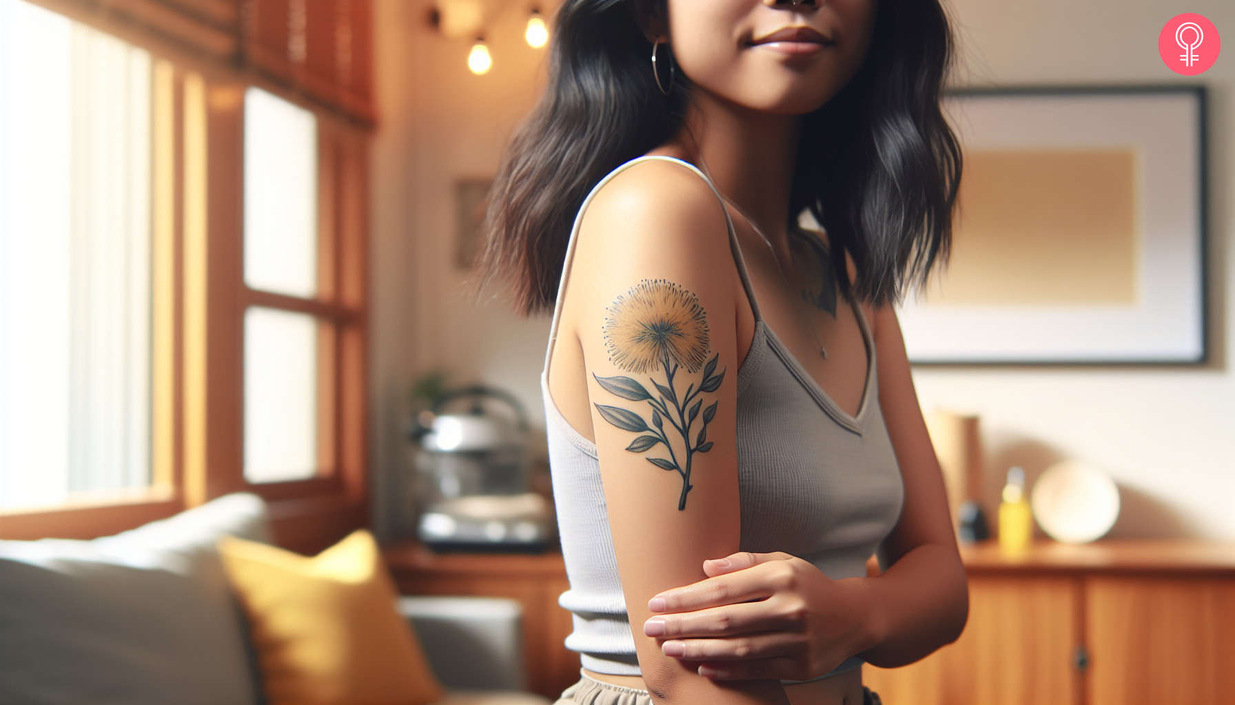 A woman with a minimalist golden wattle tattoo on the upper arm