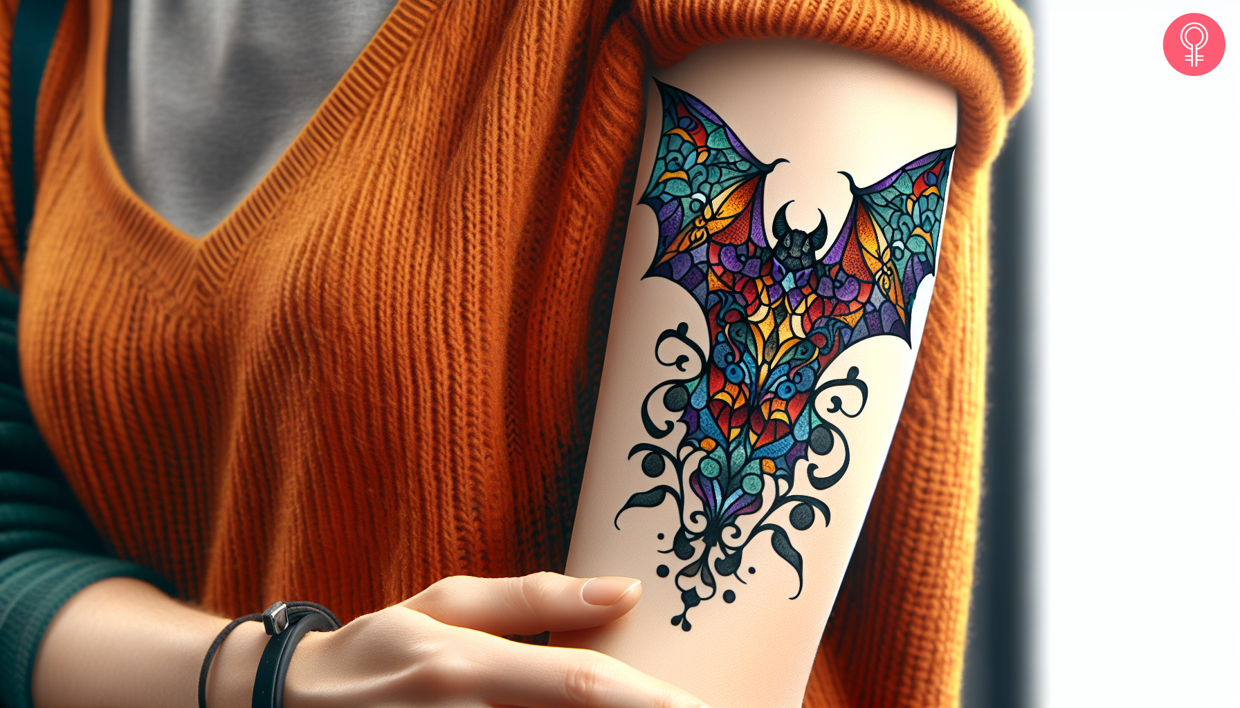 A gothic stained glass tattoo of a bat on the upper arm