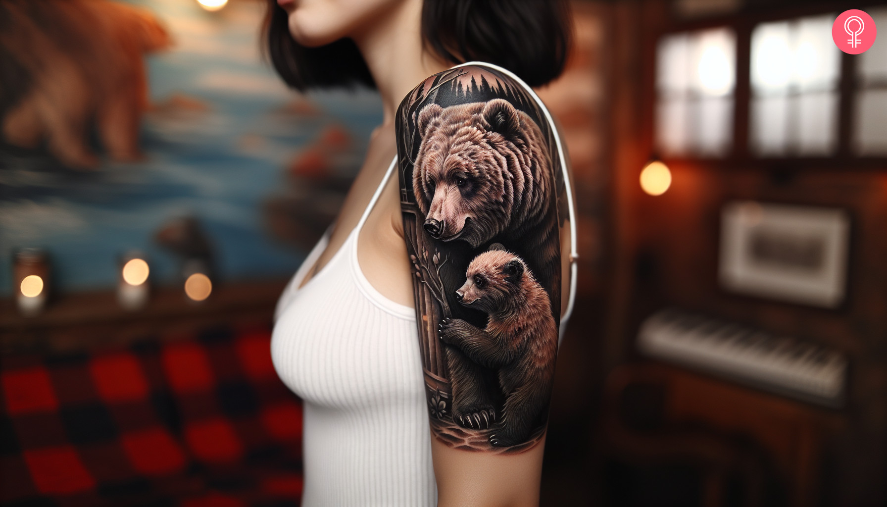 A woman with a grizzly bear and cub tattoo on her upper arm