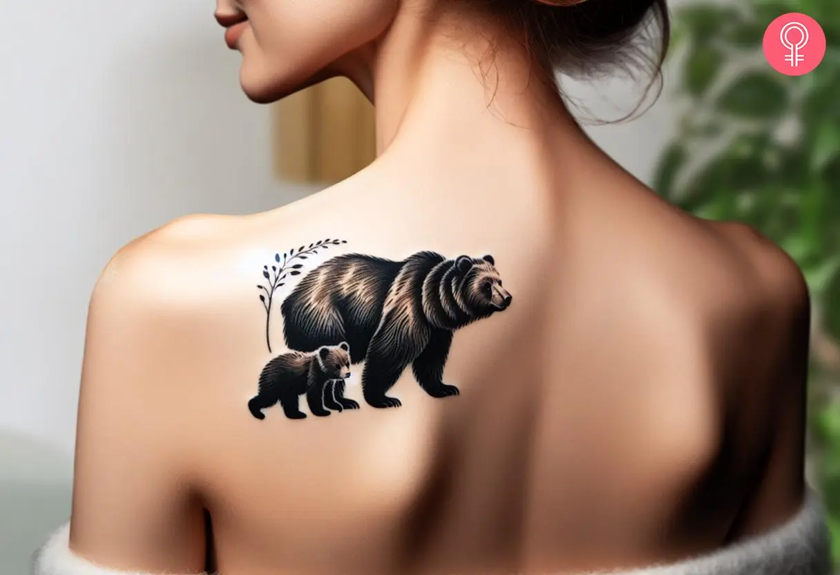 Woman with grizzly bear and cub tattoo on her upper back