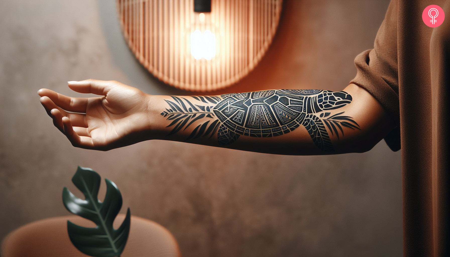 Forearm half-sleeve Polynesian turtle tattoo