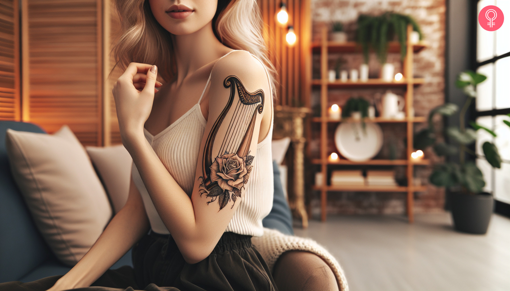 Harp and a rose tattoo on the arm