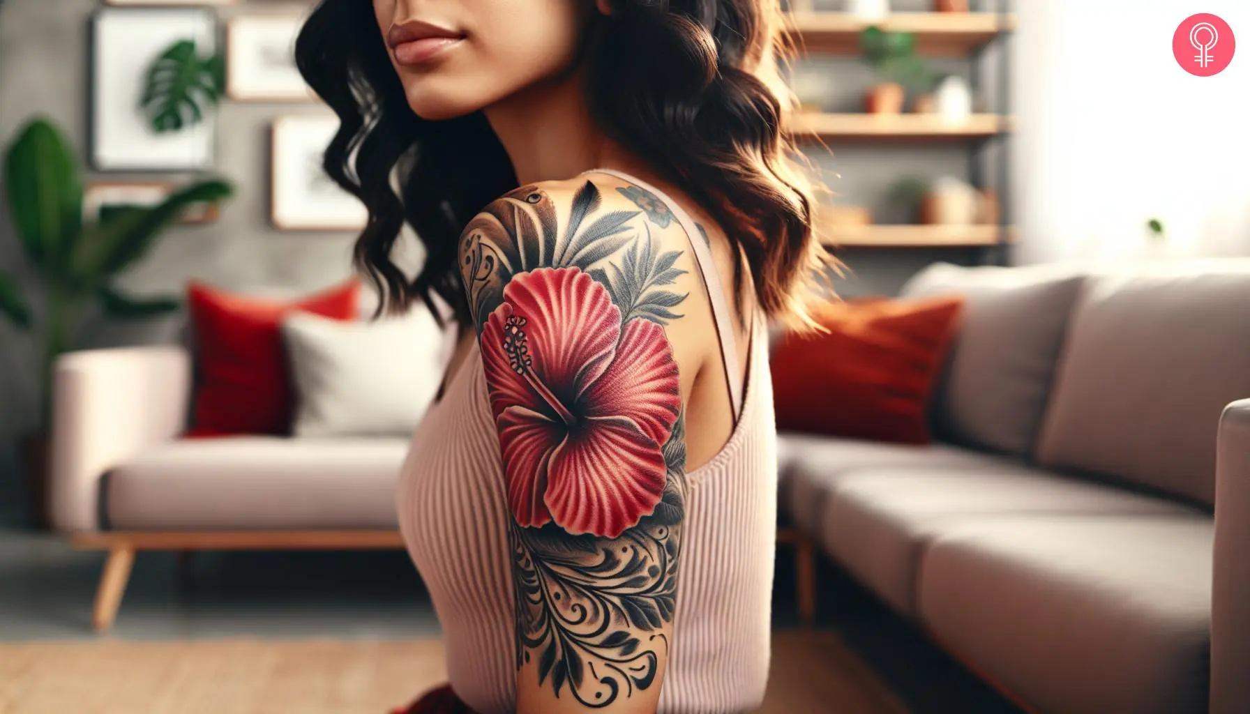 Hawaiian tropical flower tattoo on the upper arm