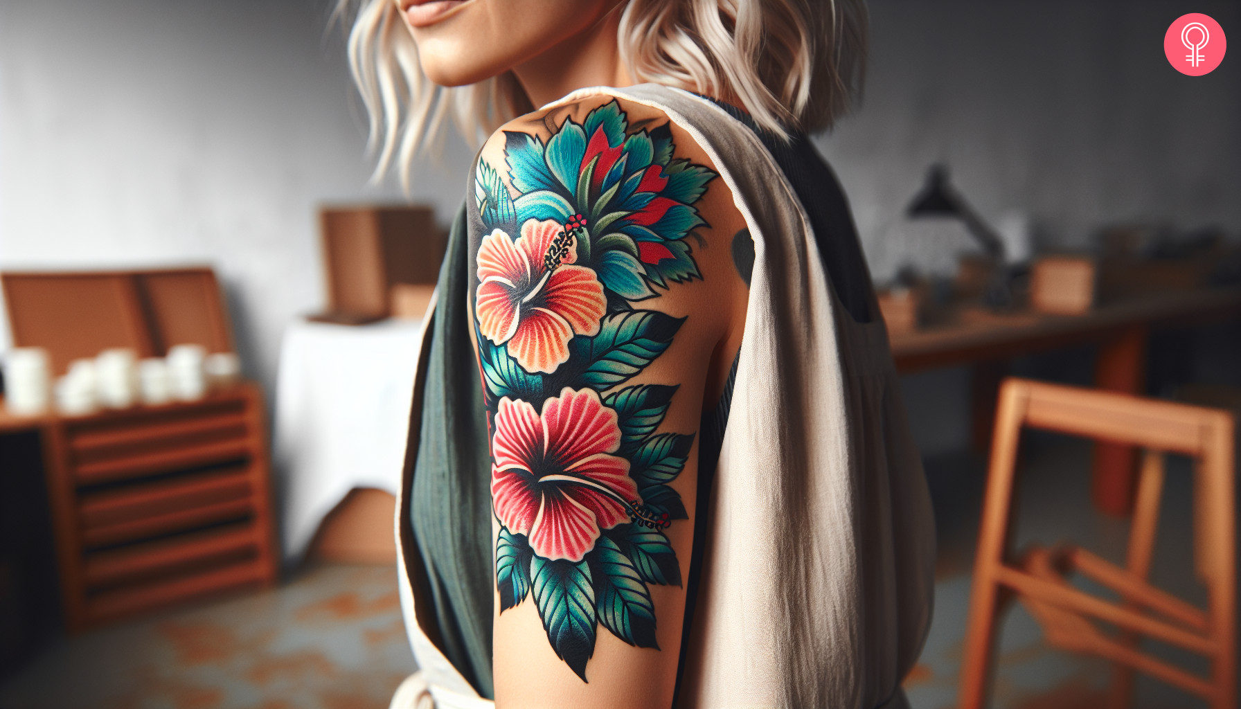 A hibiscus tattoo sleeve on the upper arm