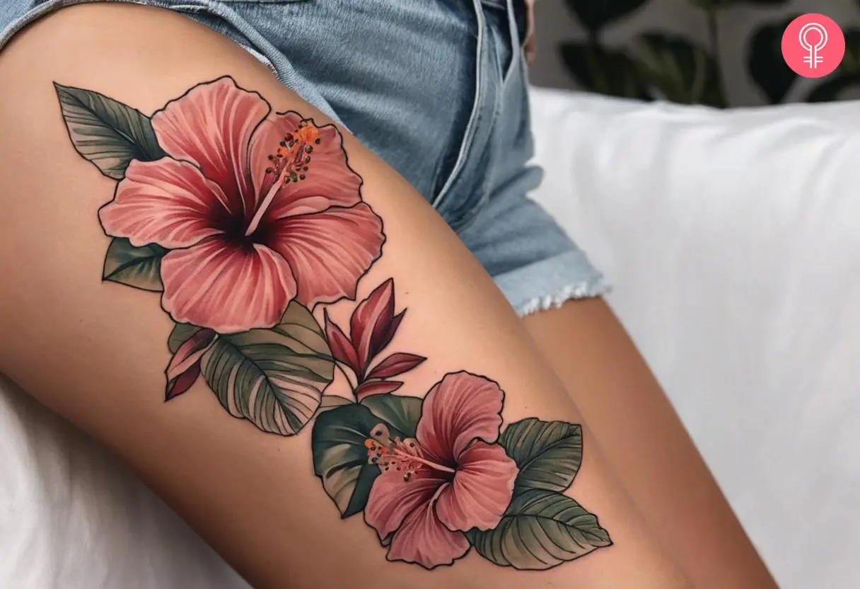 A woman with a hibiscus thigh tattoo