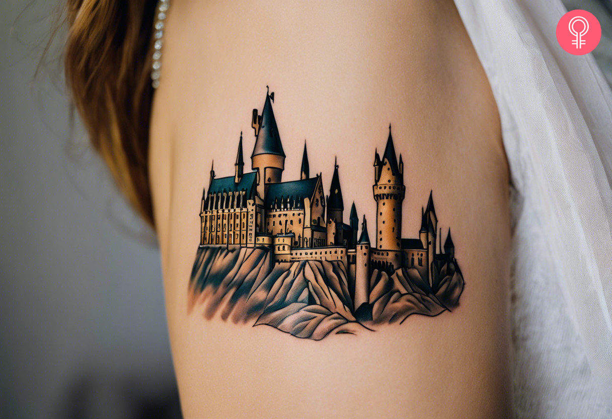 A woman with a Hogwarts castle tattoo on her bicep