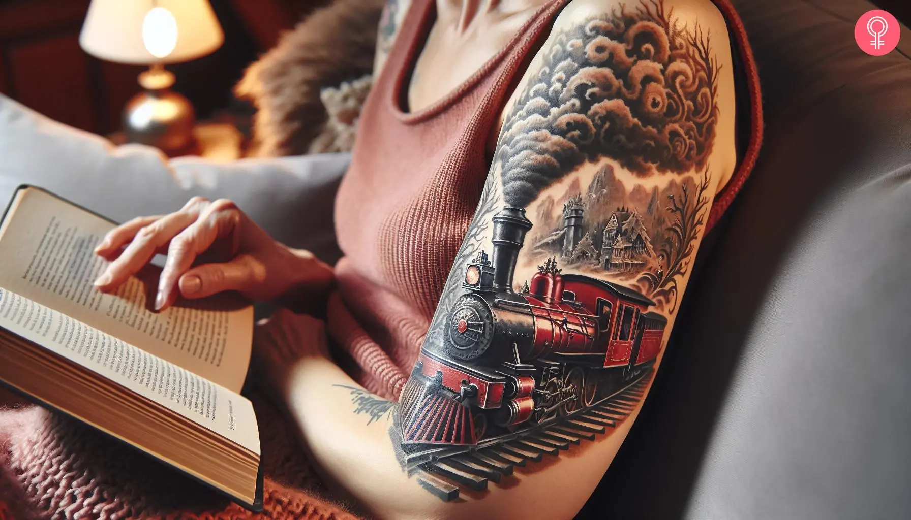 A woman with a Hogwarts Express tattoo on her bicep