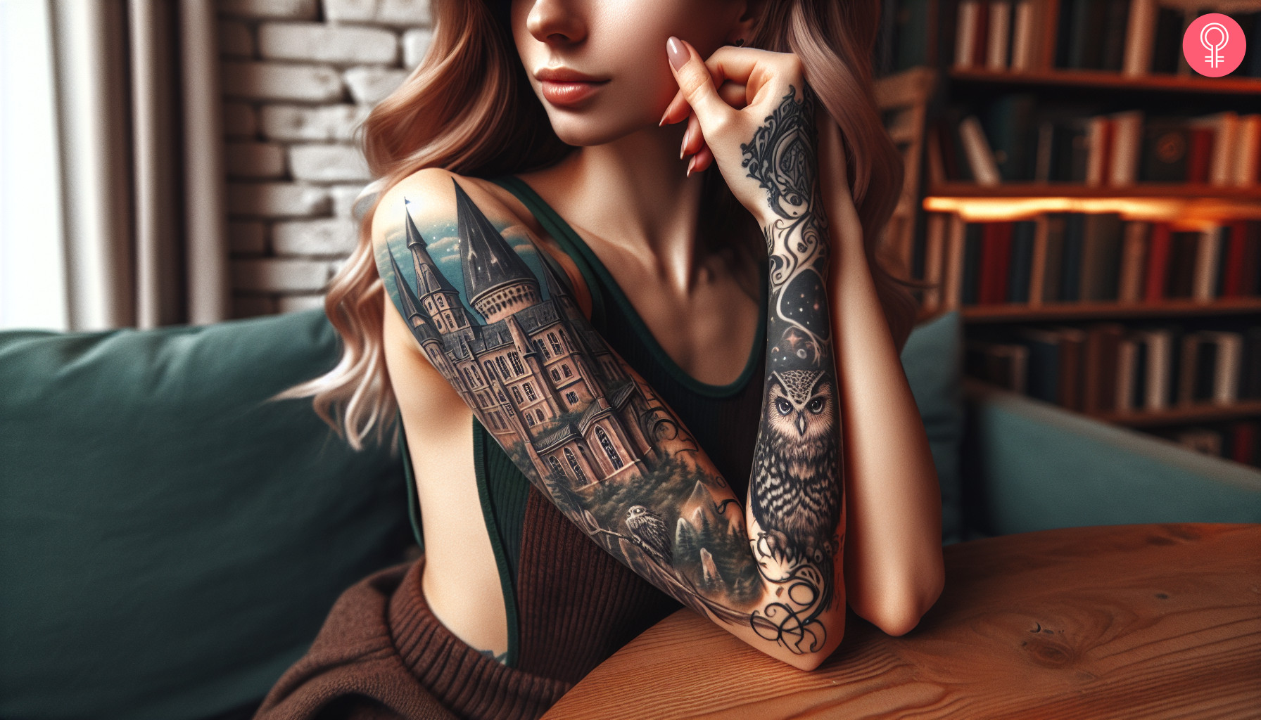 A woman with a Hogwarts tattoo sleeve on her arm