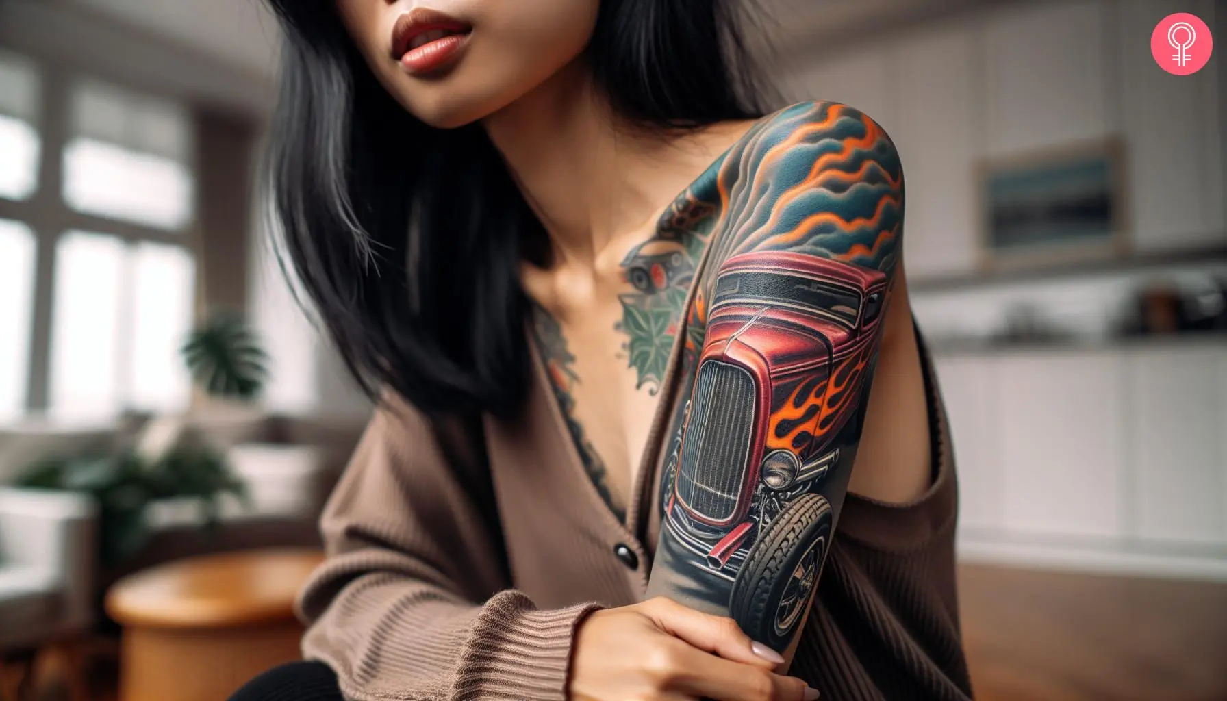 A woman with a hot rod tattoo sleeve on her arm