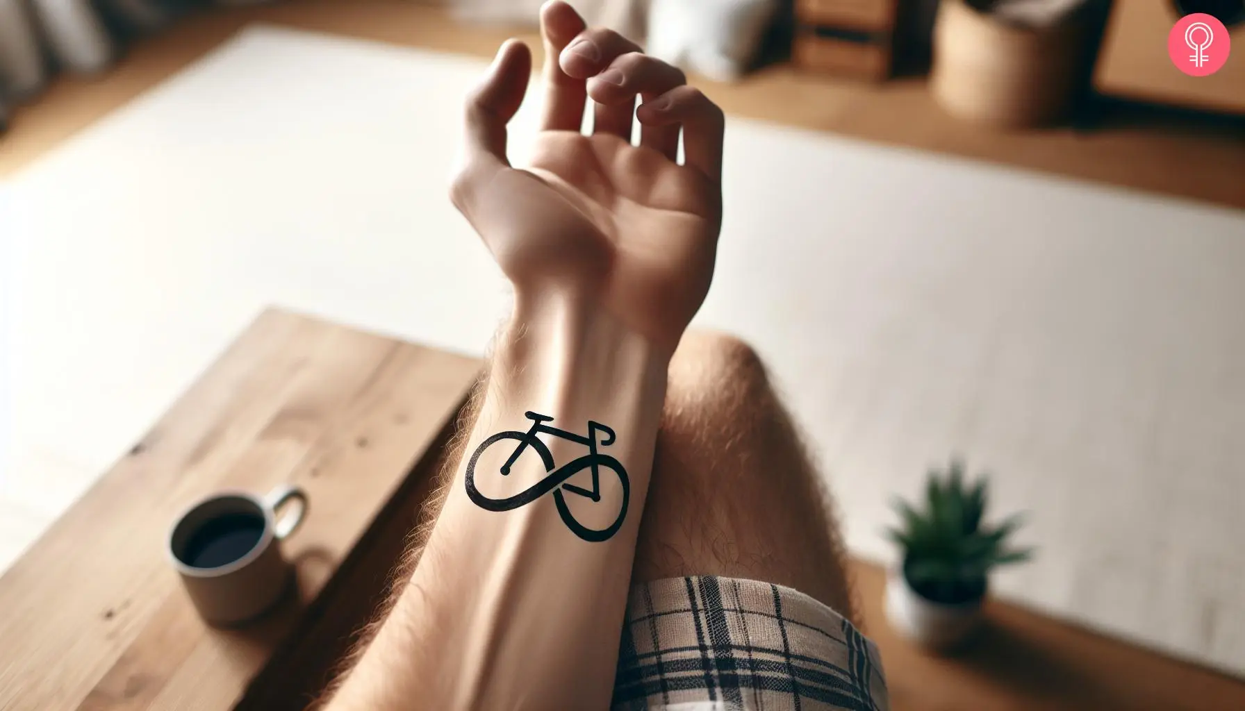 Man with a bold black infinity bike tattoo on the wrist