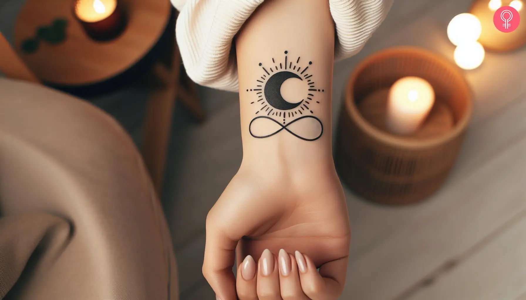 A woman with an infinity universe tattoo with sun and crescent moon