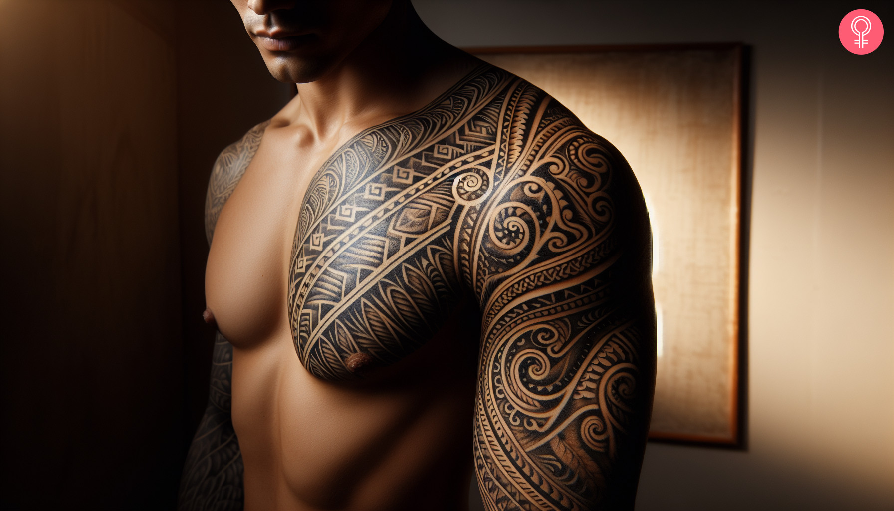 Intricate tattoo design with swirls and patterns on the chest, shoulder, and arm