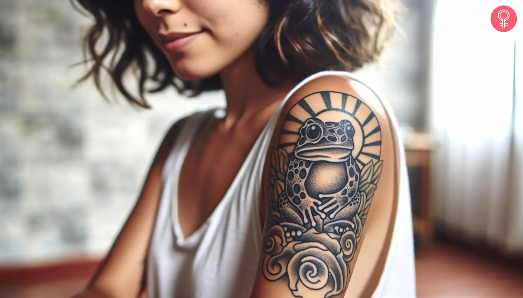 A woman with a black Japanese lucky frog tattoo on her upper arm